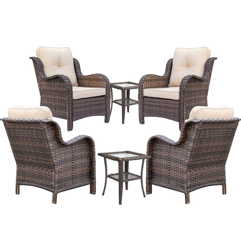 Brown Wicker Outdoor Patio Conversation Seating Sets with Beige Cushions