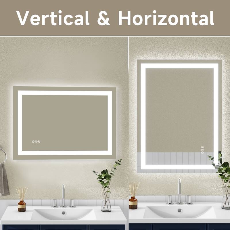Clear Frameless LED Bathroom Mirror with Tempered Glass, Anti-Fog - 24" L x 32" H
