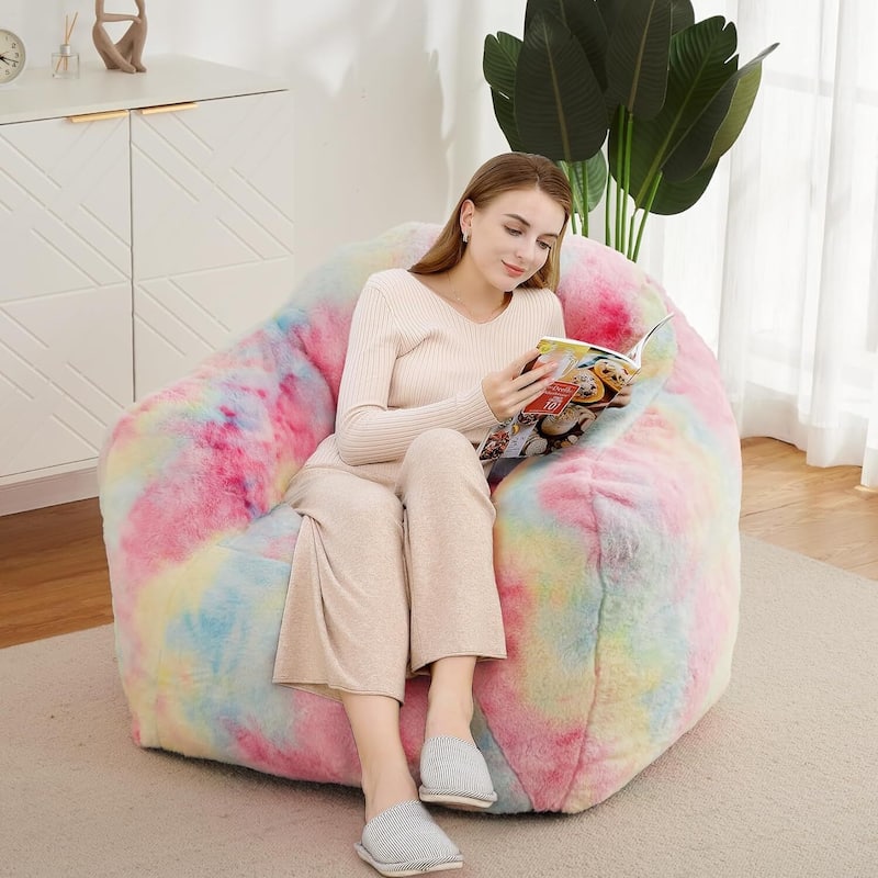 Faux Fur Bean Bag Chair Cozy Sofa Gaming Reading in Living Room, Pink - 41"D x 51"W x 33"H
