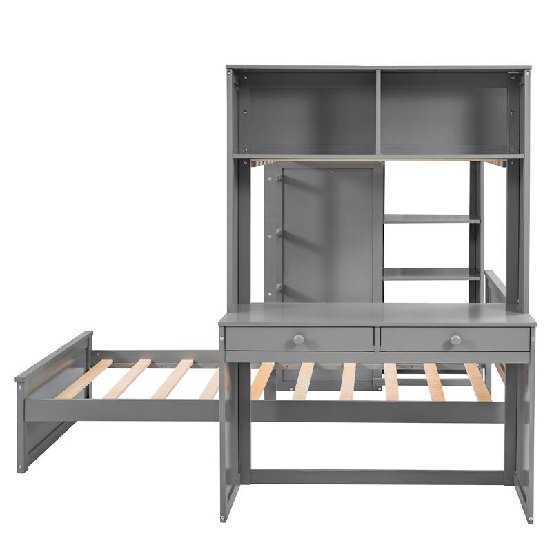 Multi-Functional Twin/Full Loft Bed with Desk, Storage Shelves, Wardrobe, and Additional Bed, Ideal for Small Rooms