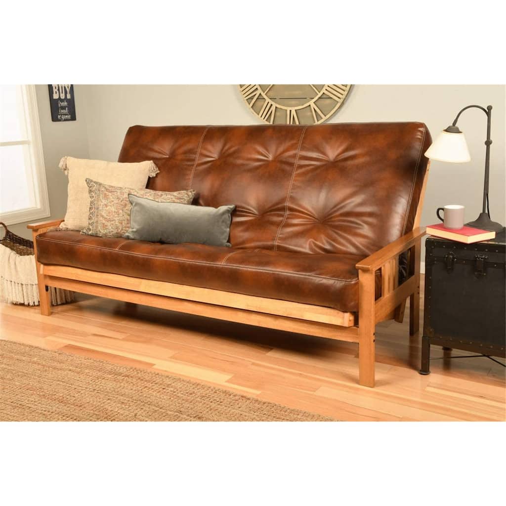 Monterey Queen Futon Frame with Butternut Finish and Oregon Trail Saddle Mattress - Rustic Convertible Sofa