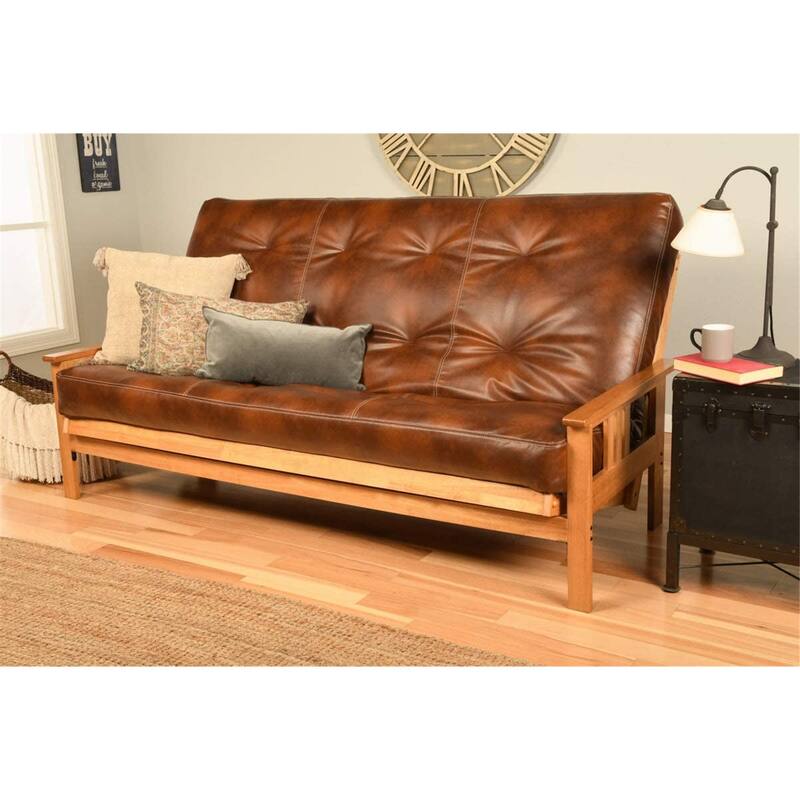 Monterey Queen Futon Frame with Butternut Finish and Oregon Trail Saddle Mattress - Rustic Convertible Sofa