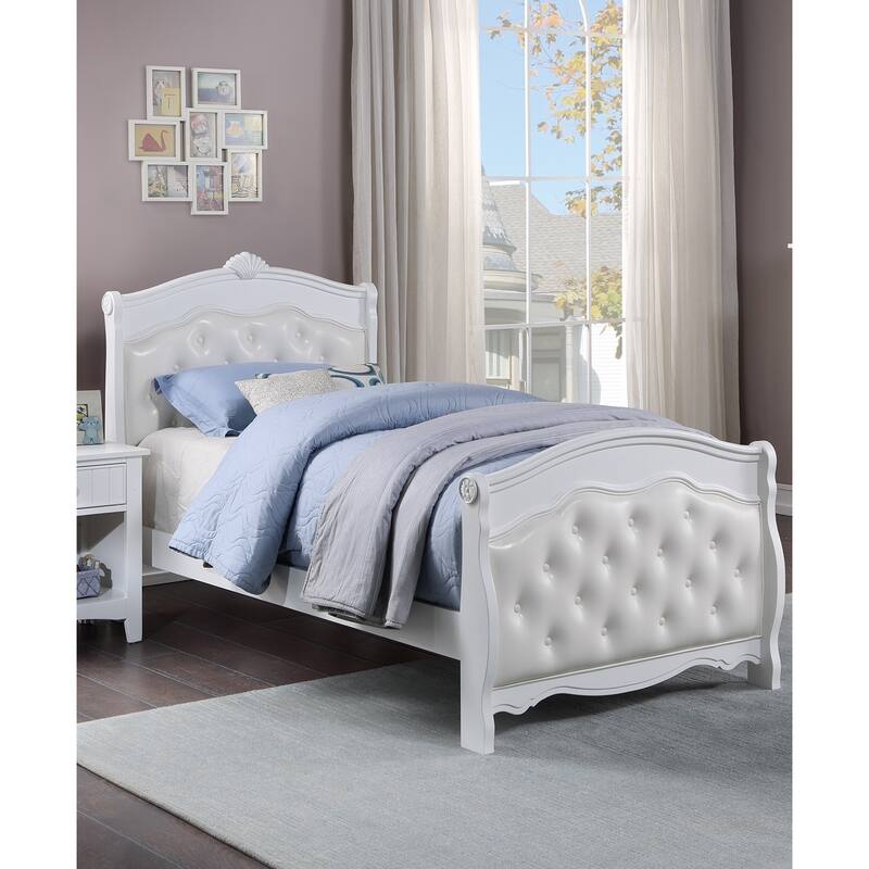 White Twin Size Bed Youth Bedroom Furniture White Faux Leather Headboard Footboard Plywood 1pc Bedframe