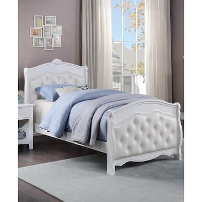 White Twin Size Bed Youth Bedroom Furniture White Faux Leather Headboard Footboard Plywood 1pc Bedframe