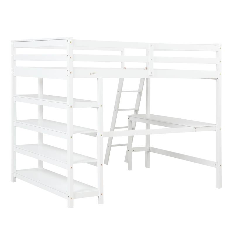 Full Size Loft Bed with Desk, Storage Space, Ladder, and Shelves, Solid