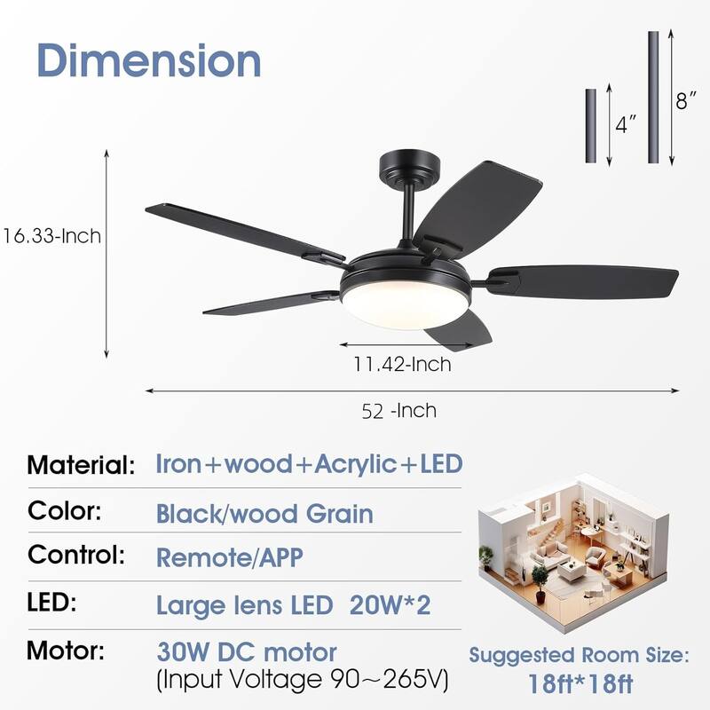 52" Modern Ceiling Fan with Light and Remote 5 Plywood Blades 3 Color LED for Bedroom Living Room Patio - 52 Inches