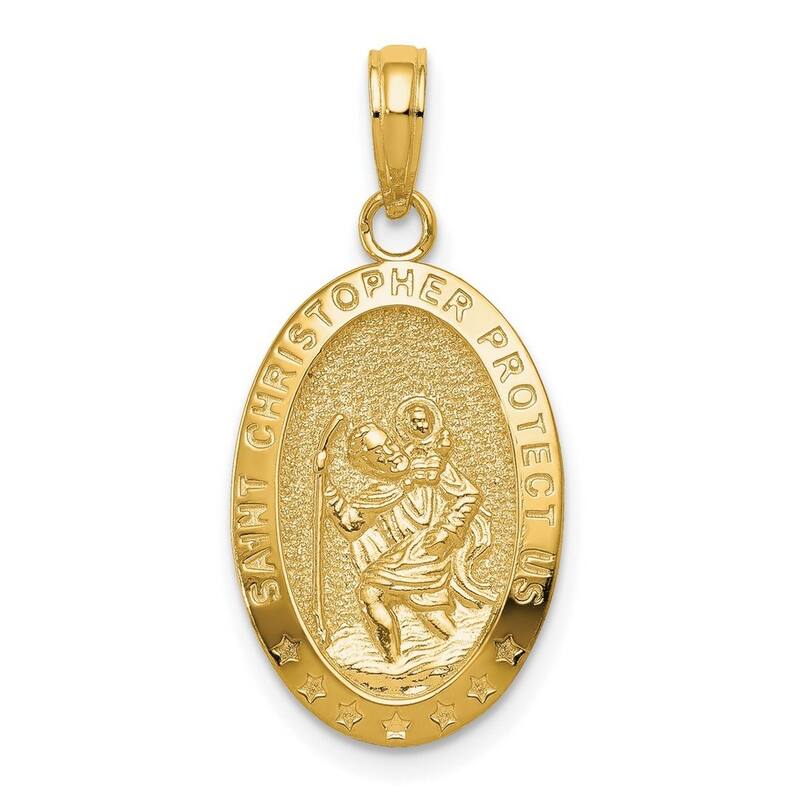 Curata 14k Yellow Gold 18" Solid Textured Polished Saint Christopher Medal Pendant Necklace