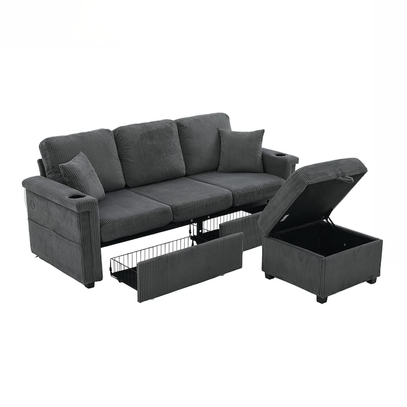 L-Shaped Sectional Sofa with Pull-Out Storage,Ottoman & Pillows 3-Seat with USB Charging,Cup Holder, Convertible Design