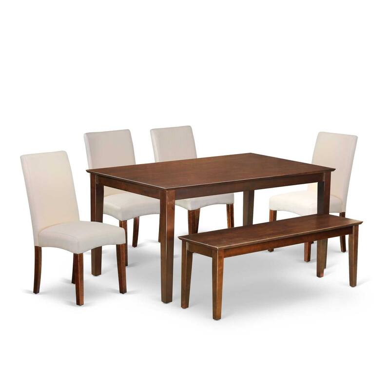 Rectangular Dining Set - 6pc Table & Chairs with Bench - Linen Fabric Cream - Home Dining Room Furniture