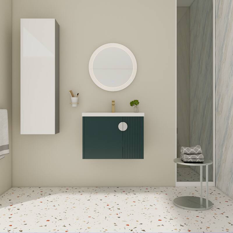 Floating Bathroom Vanity Cabinet with Pre-Drilled Ceramic Sink and Multiple Handle Options - 27.75in L