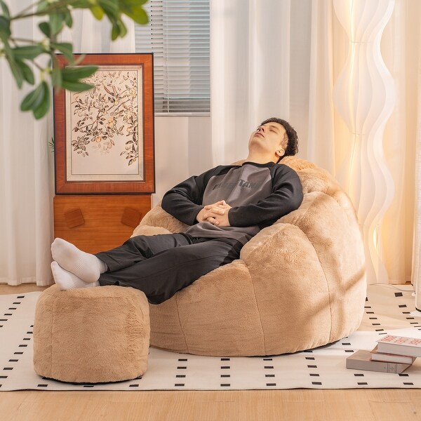 Faux Fur Shell-Shaped Deep Seat Bean Bag Chair, High-Density Foam