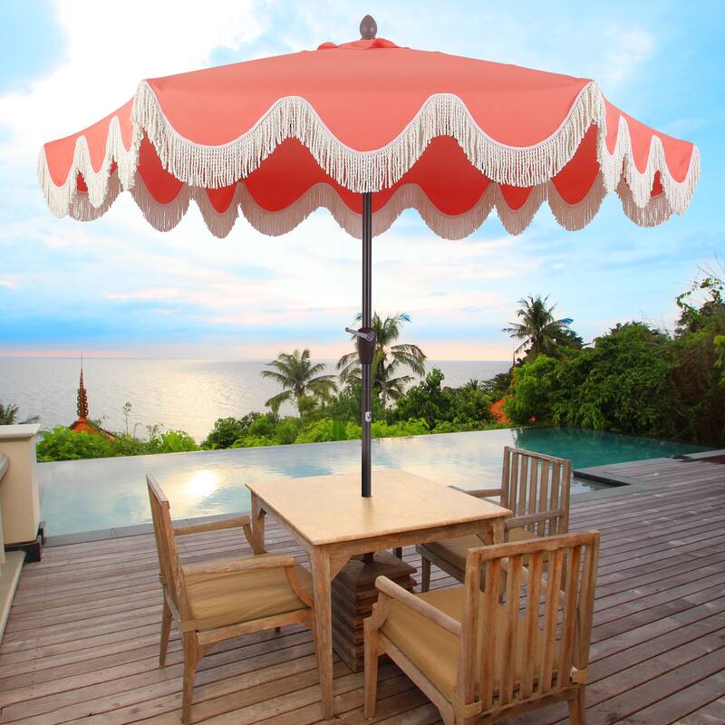 9ft Tassel Patio Umbrella Auto-Tilt, Crank , by JONATHAN Y