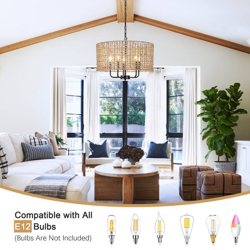 5 - Light Dimmable Drum Chandelier Natural Rattan Bohemian & Coastal Pendant - 18.9 in