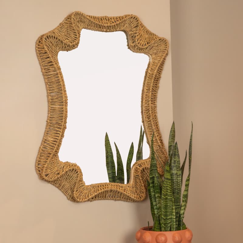Decorative Handwoven Cattail Wall Mirror - 28.4"L x 2.0"W x 37.8"H