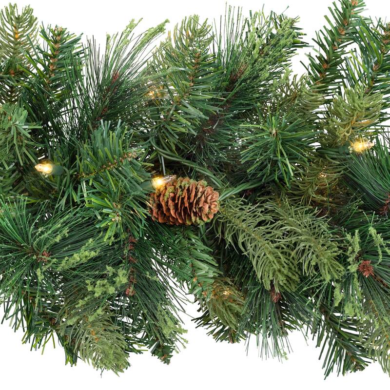 Pre-Lit Flocked Mixed Pine and Pine Cones Artificial Christmas Garland - 9' x 14" - Clear Lights