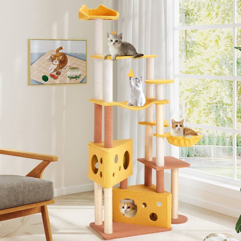 EROMMY Cheese-Shaped Multi-Level Cat Tree Tower with Hammock, Top Perch, and Sisal Scratching Posts - 73" H