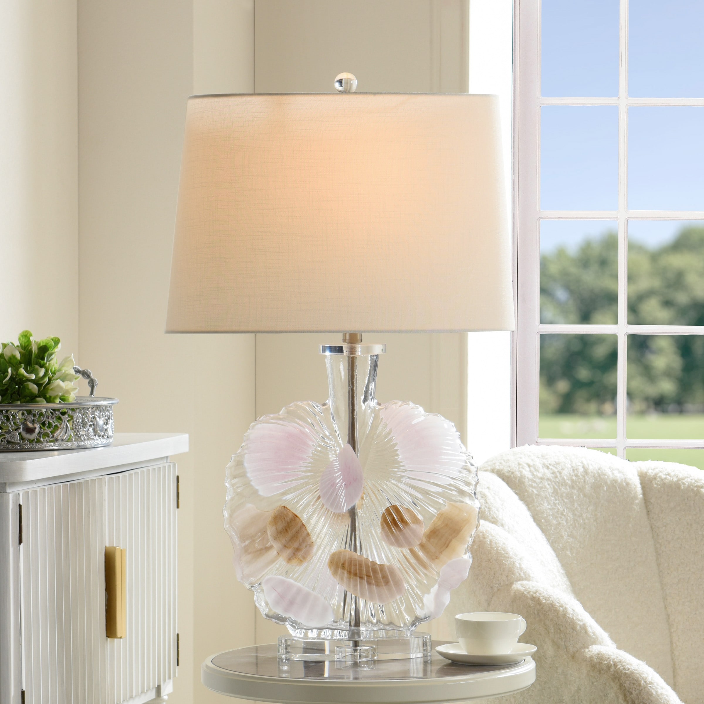 StyleCraft Lily - Fossil Glass Table Lamp With Solid Crystal Acrylic Base - Clear, Beige, Pink, Brown Finish - Off-White Shade