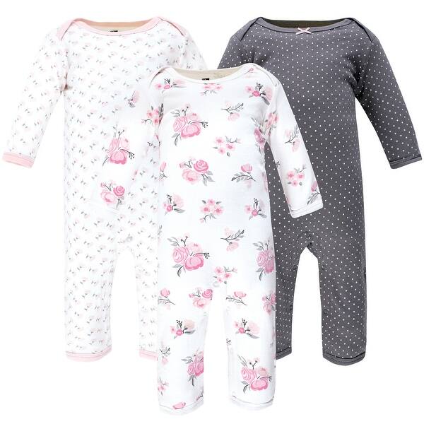 slide 1 of 1, Hudson Baby Infant Girl Cotton Coveralls, Basic Pink Floral 0 - 3 Months - Pink