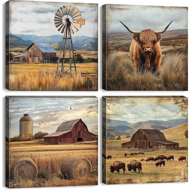 Cow Wall Art Farmhouse Kitchen Decor Rustic Windmill Barn - 12 x 12