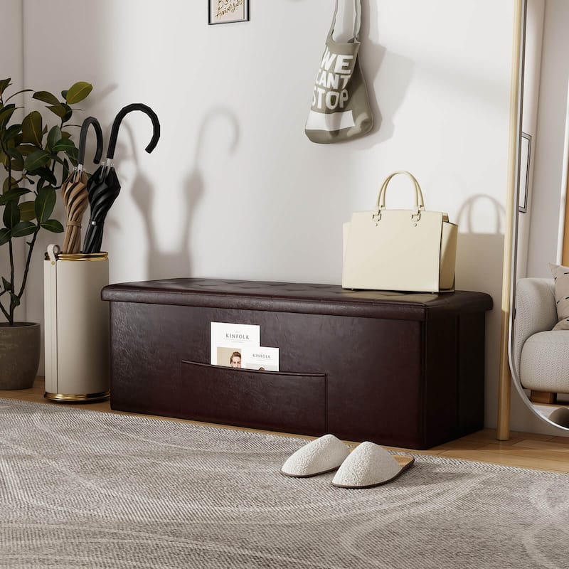 Costway 43 Inches Folding Storage Ottoman Bench with Side Pocket