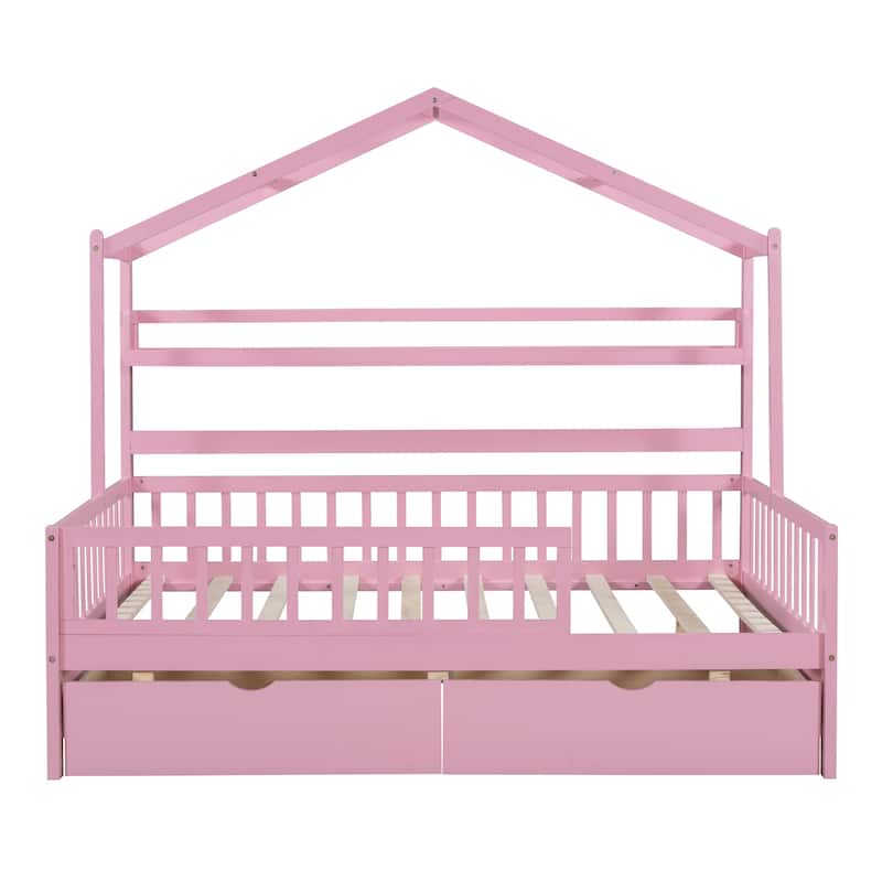Full Pine House Bed with Roof, Drawers, and Shelf