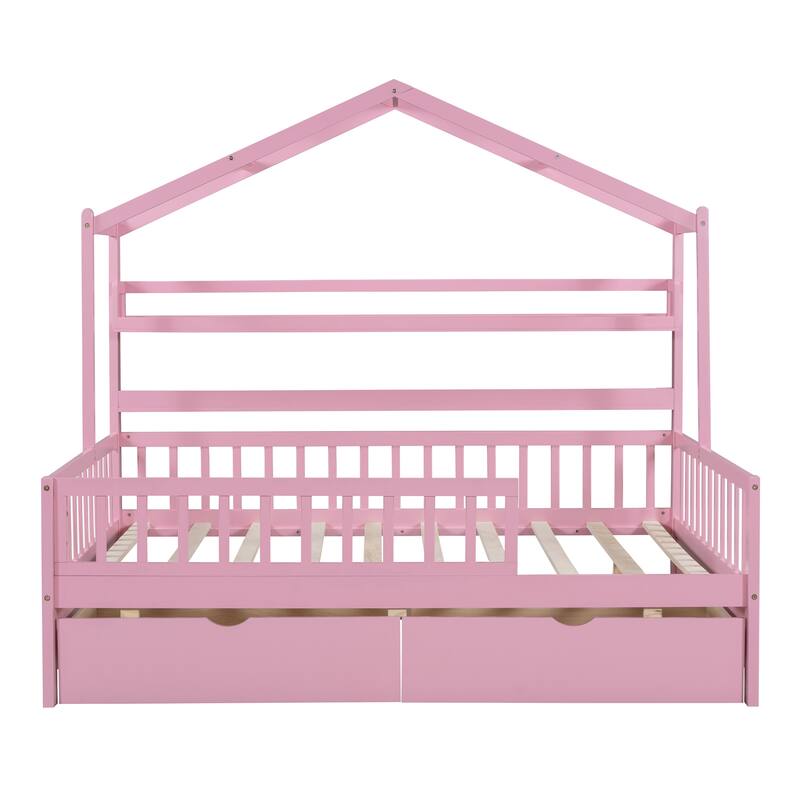 Pine House Bed with Drawers, Shelf & Guardrail