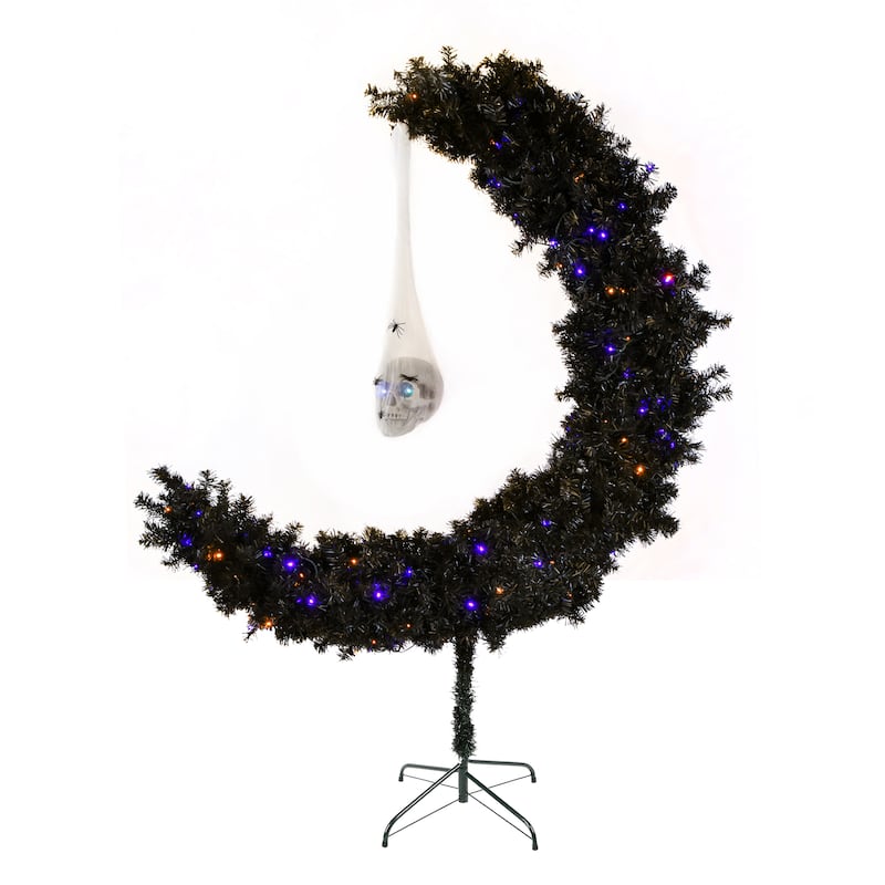 National Tree Company Halloween Pre Lit Artificial Tree Decoration, Black, Moon Shaped, LED Lights, Battery Operated, 6 Feet