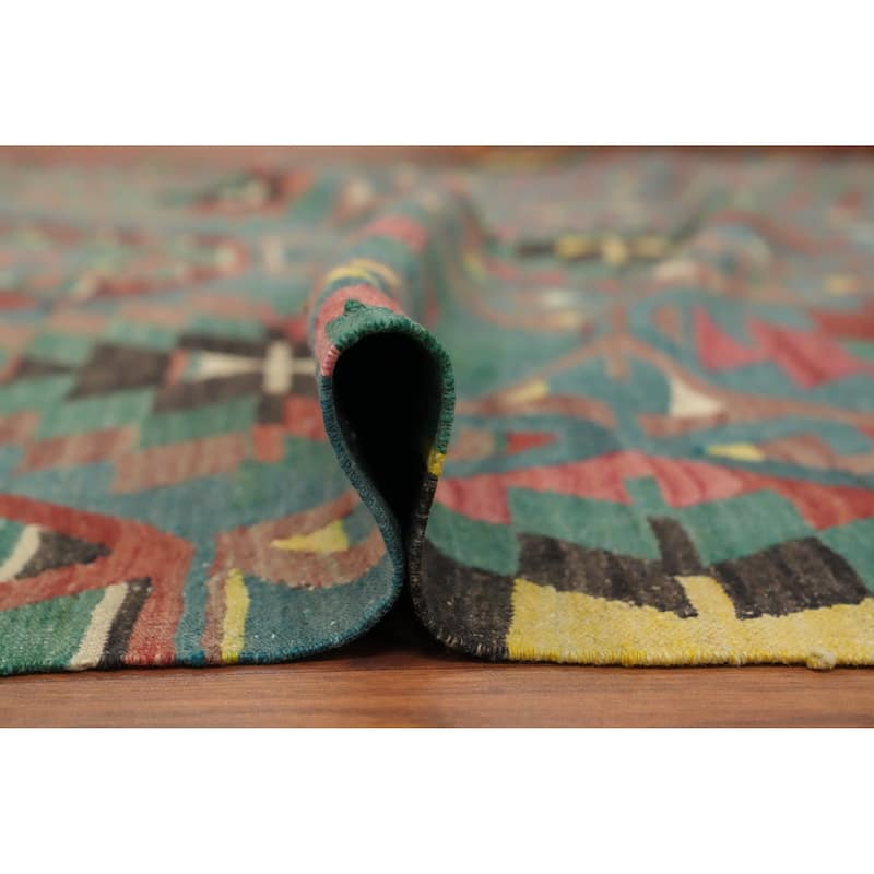 Hand Woven Oriental 100% Wool Carpet Southwestern Tribal Navy Blue & Blues Kilim Area Rug - 7' 3'' X 5' 7''