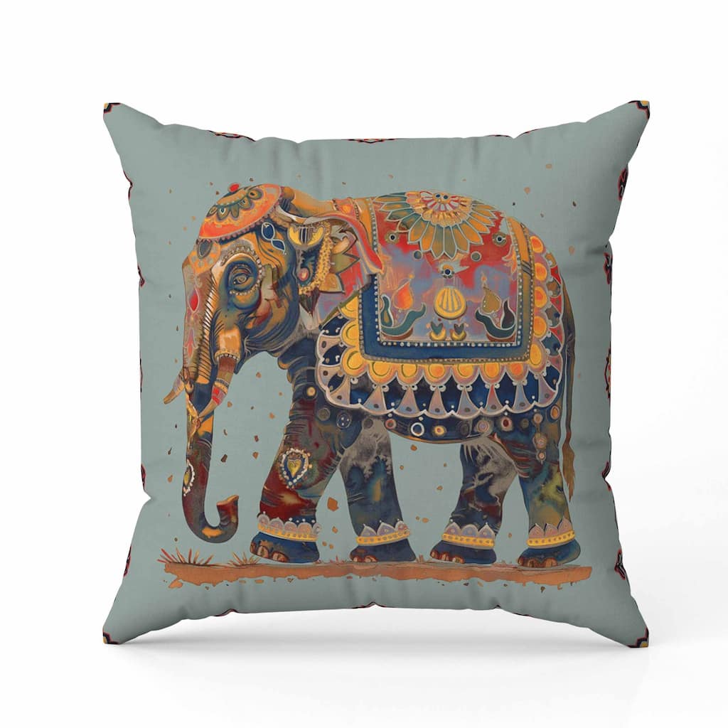 Decorated Elephant Indoor/Outdoor Reversible Throw Pillow Mint and Orange