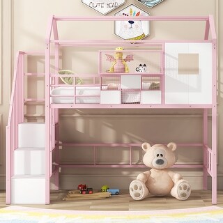 House Design Twin Size Metal Loft Bed with Roof and Storage Box