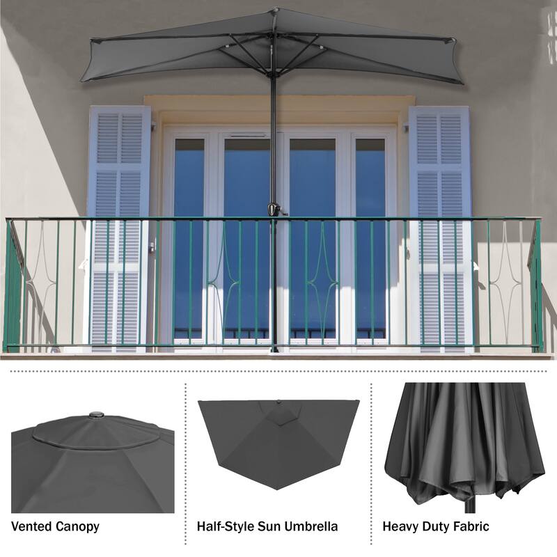 Half Umbrella Outdoor Patio Shade - 9 ft Patio Umbrella with Easy Crank by Pure Garden (Gray)