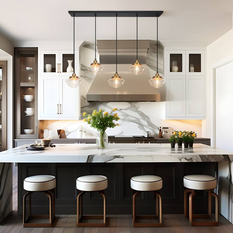 Modern 5-Light Black Gold Linear Chandeliers Kitchen Island Lights for Dining Room with Seeded Glass - 44'' L x 6.5'' W x 8'' H