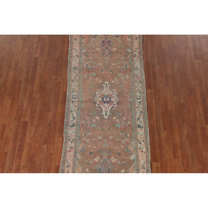 Brown Mahal Persian Vintage Runner Rug Handmade Wool Carpet - 3'4" x 9'3"