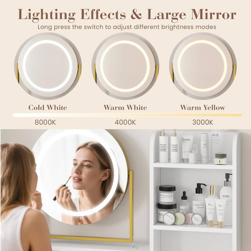 2 Drawer Makeup Vanity Desk Set with Mirror and Light for Bedroom, Dressing Room