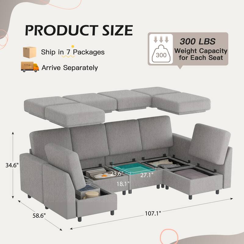 Erommy 6/7-Piece Modular Sectional Sofa – Reversible L-Shaped Couch with Hidden Storage, Space-Saving Living Room Furniture