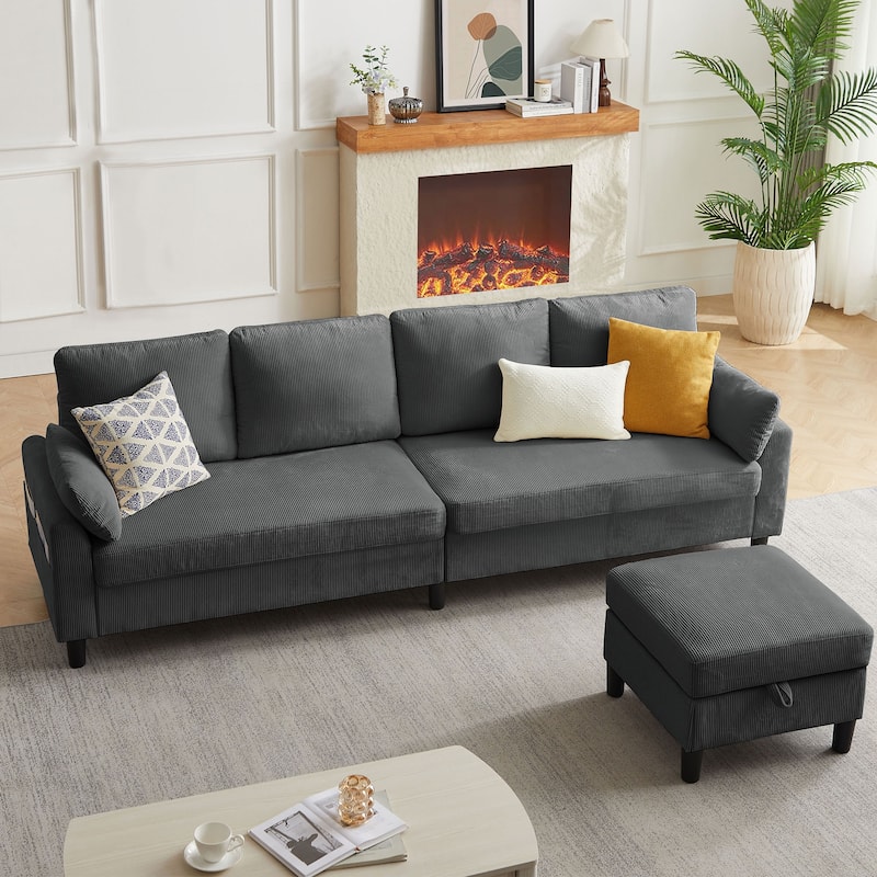 100.79" Corduroy L shaped Pillow Top Arm Sofa With Storage Bag