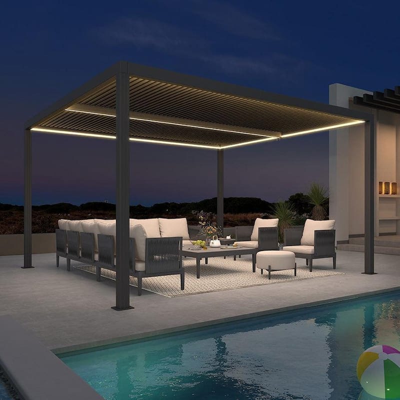 PURPLE LEAF Grey Louvered Pergola Outdoor Aluminum Pergola with Adjustable Roof for Patio Grey Hardtop Gazebo