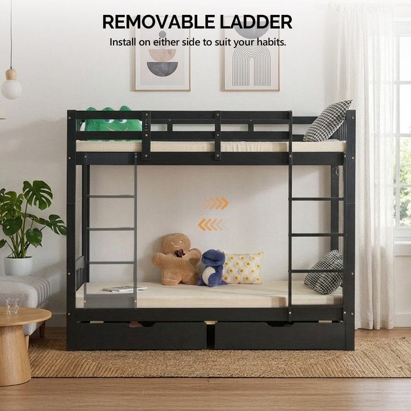 Solid Wood Bunk Bed Twin Over Twin with 2 Storage Drawers/RGB LED/Charging Station,Convertible Bunk Bed Frame