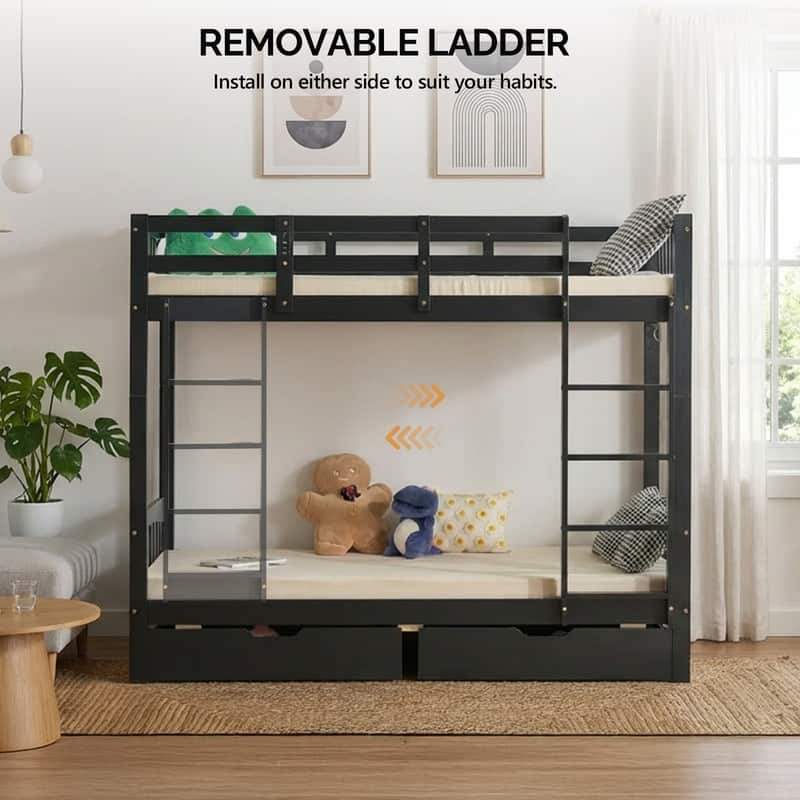 Solid Wood Bunk Bed Twin Over Twin with 2 Storage Drawers/RGB LED/Charging Station,Convertible Bunk Bed Frame