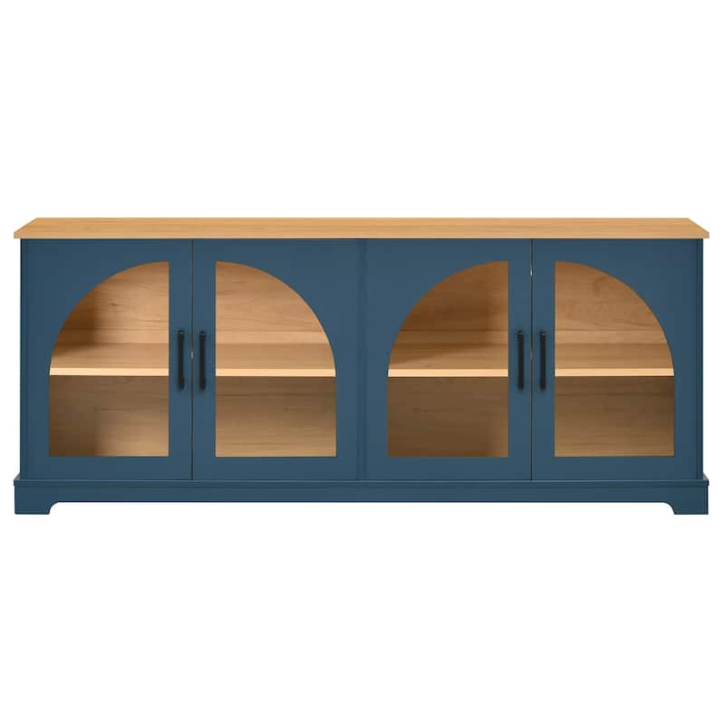 Farmhouse TV Stand with Semi-Arched Glass Doors for TVs Up to 70",Adjustable Shelves,Wood Grain Sideboard with Cable Management