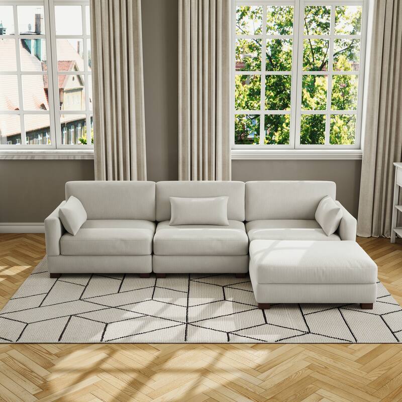 Corduroy Modular Sectional Sofa with Ottoman and Pillows