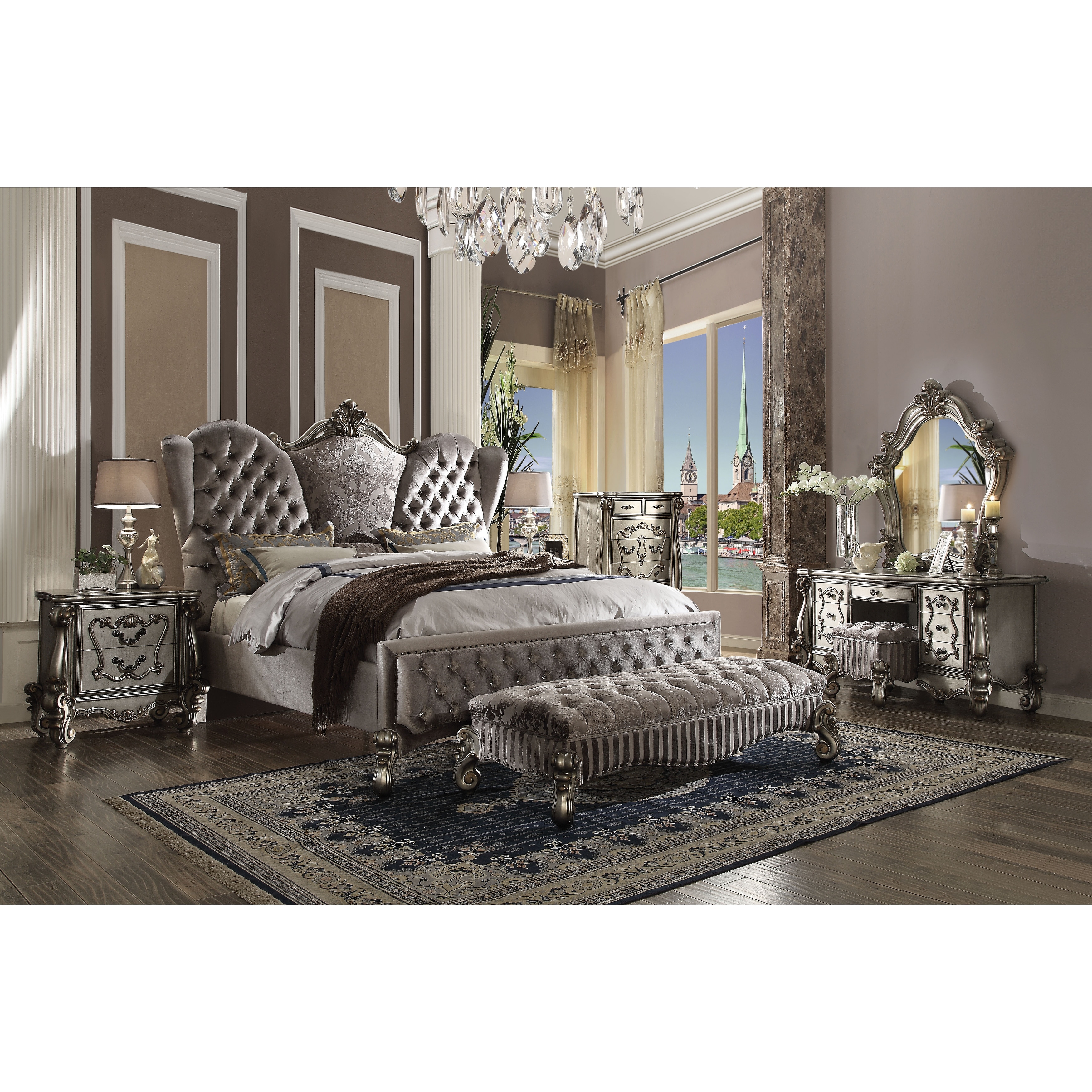 ACME Versailles Eastern King Bed, Velvet & Antique Platinum (1Set