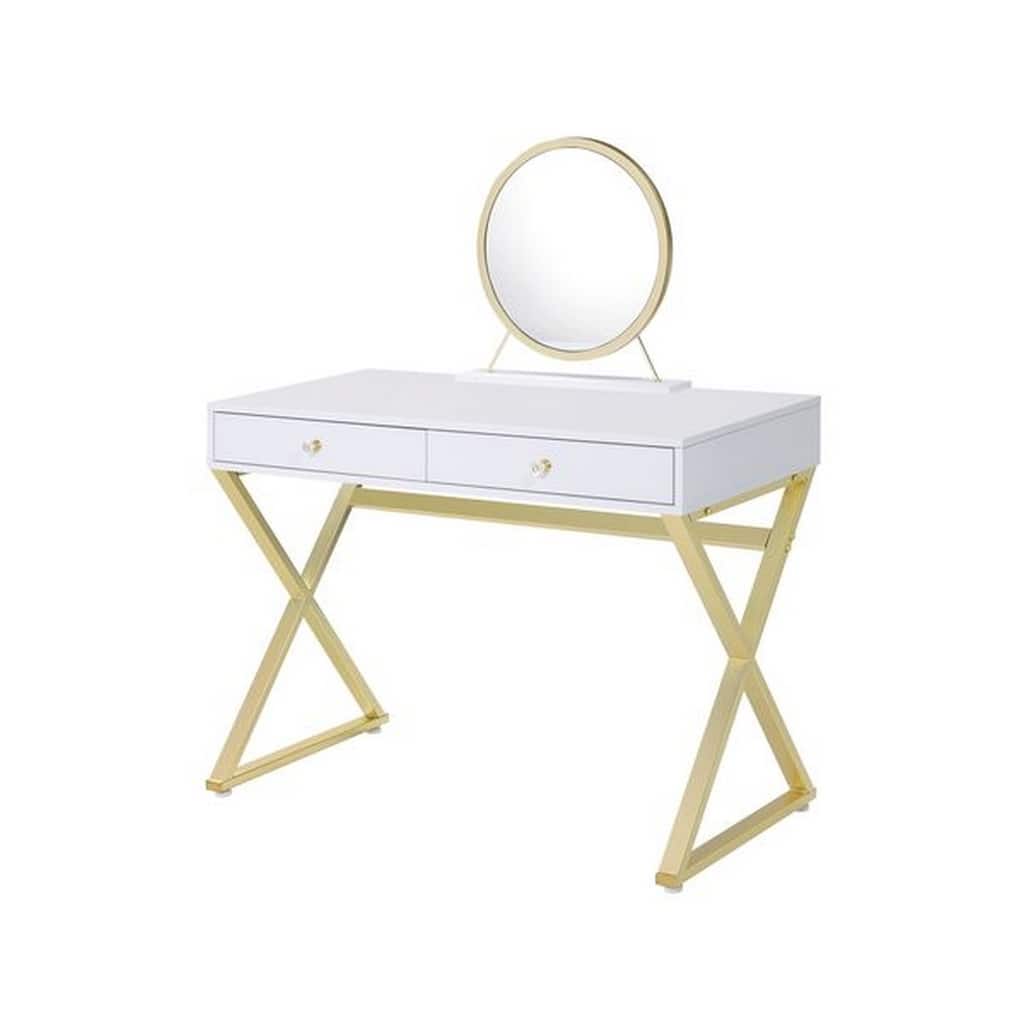 Vanity Desk with Removable Mirror and Cross Metal Legs, White and Gold