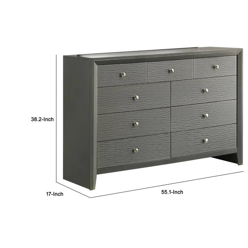 Deny 2pc Dresser and Mirror Set, 9 Drawers, Silver Knobs, Metallic Gray Wood