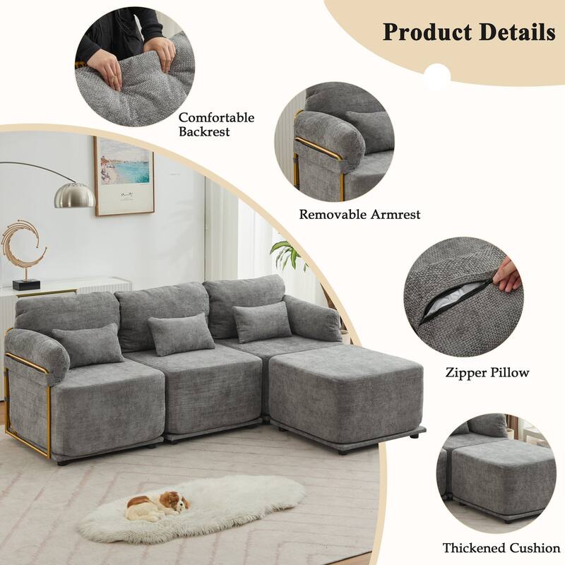 XINMICS Modular Sectional Sofa L Shaped Couch, 3 Seat Sofa Set with Ottoman, Chenille Fabric