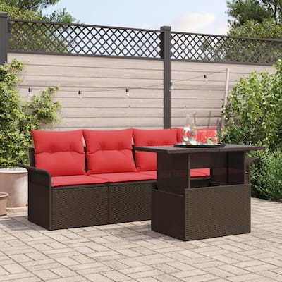 vidaXL 5 Garden Sofa Set with Cushions Black/Brown/Grey Poly Rattan - 98.8 x 24.4 x 27.2