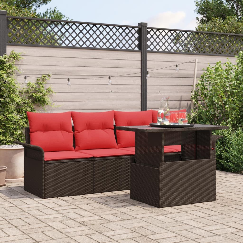 vidaXL 5 Garden Sofa Set with Cushions Black/Brown/Grey Poly Rattan - 98.8 x 24.4 x 27.2