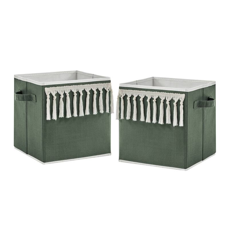 Dark Green Boho Chic Foldable Fabric Storage Bins Solid Sage Hunter Ivory Bohemian Linen Modern Farmhouse Designer Minimalist - Dark Green and Ivory