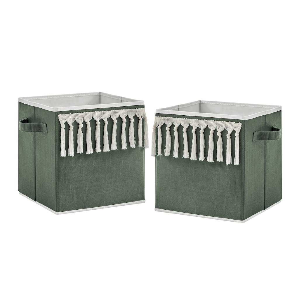 Dark Green Boho Chic Foldable Fabric Storage Bins Solid Sage Hunter Ivory Bohemian Linen Modern Farmhouse Designer Minimalist