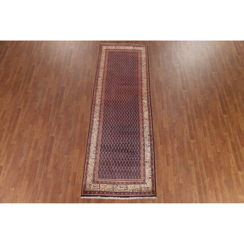 Hand Knotted Oriental 100% Wool Carpet Traditional All-Over Navy Blue & Blues Botemir Runner Rug - 10' 1'' X 3' 4''